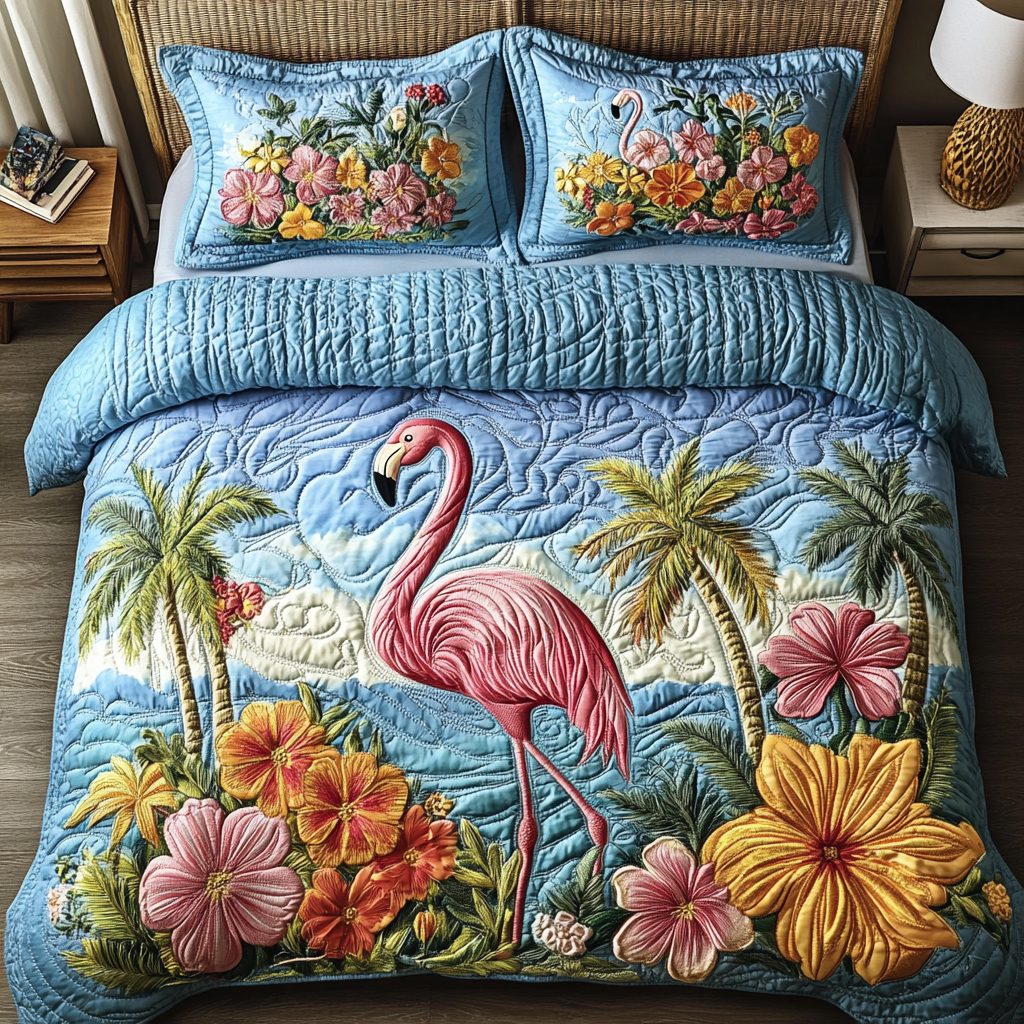 Flamingo Glow quilted 3-piece bedding set on a made bed with two matching pillow shams