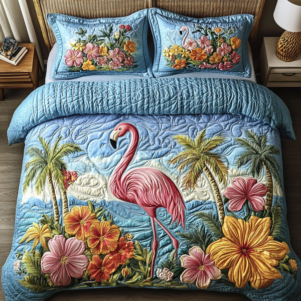 Flamingo Glow quilted 3-piece bedding set on a made bed with two matching pillow shams