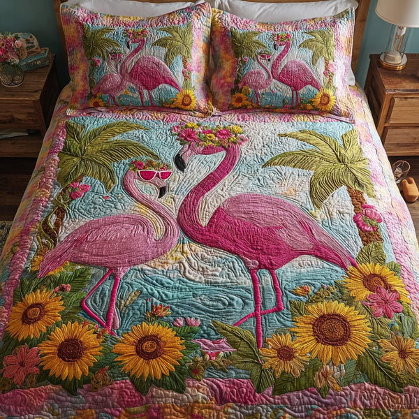 Flamingo Grace quilted 3-piece bedding set on a made bed with two matching pillow shams