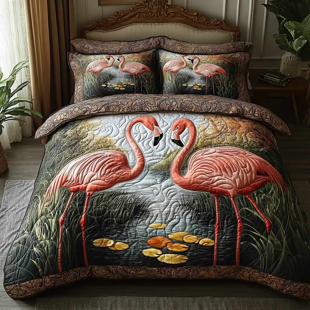 Flamingo Groove quilted 3-piece bedding set on a made bed with two matching pillow shams
