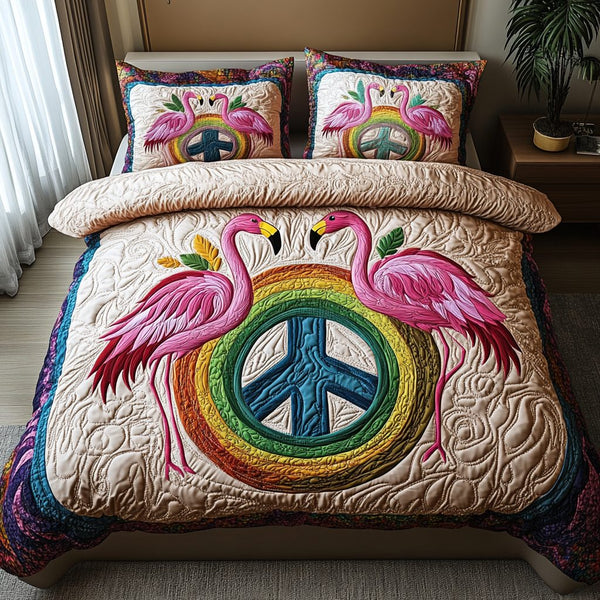 Flamingo Groove quilted 3-piece bedding set on a made bed with two matching pillow shams