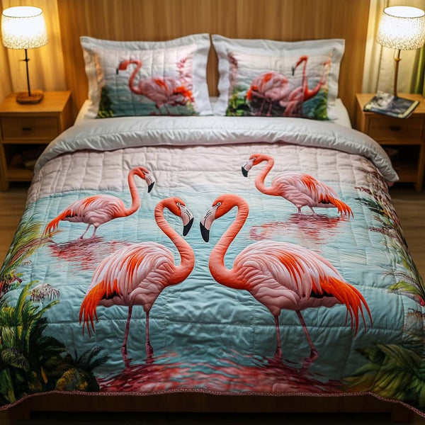 Flamingo Groove quilted 3-piece bedding set on a made bed with two matching pillow shams