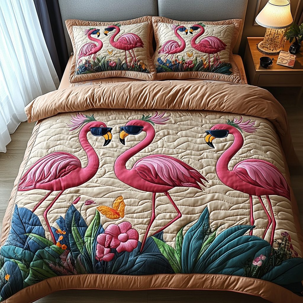 Flamingo Haven quilted 3-piece bedding set on a made bed with two matching pillow shams