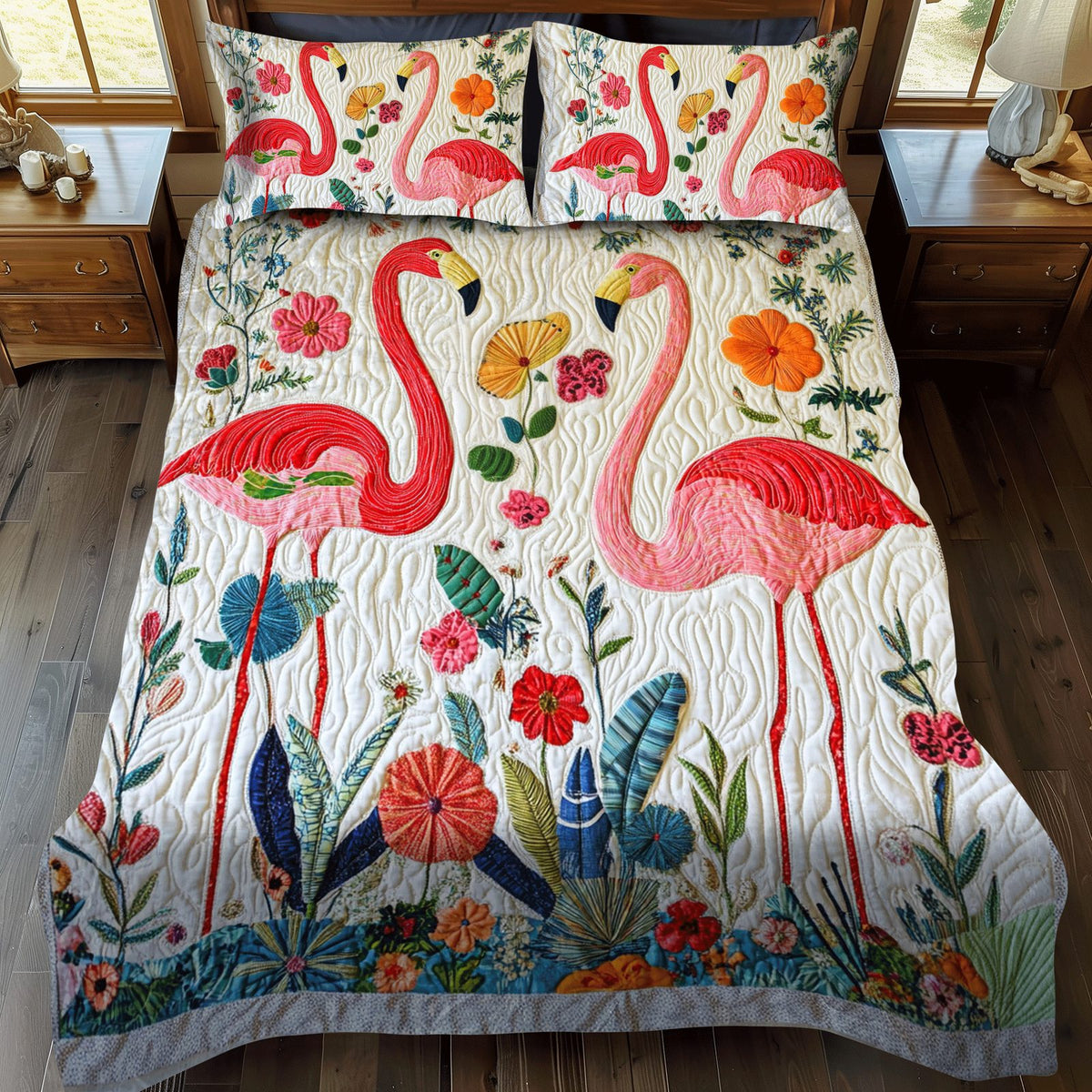 Flamingo Haven quilted 3-piece bedding set on a made bed with two matching pillow shams