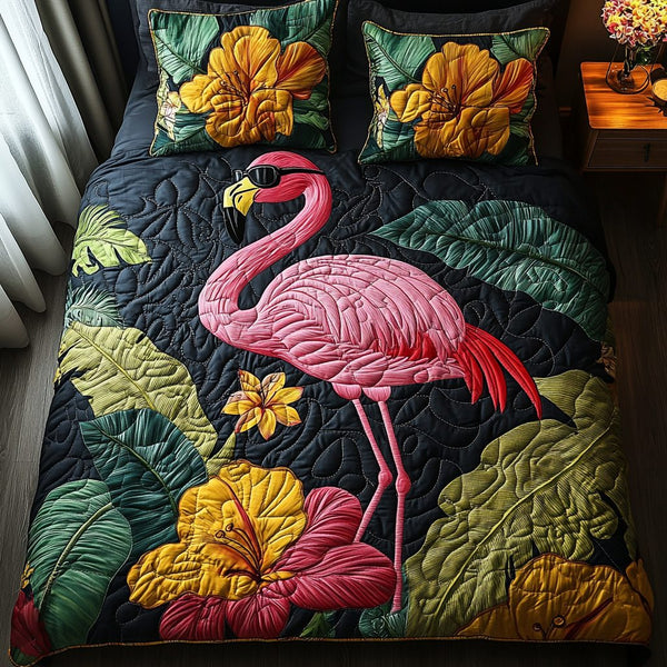 Flamingo Horizon quilted 3-piece bedding set on a made bed with two matching pillow shams
