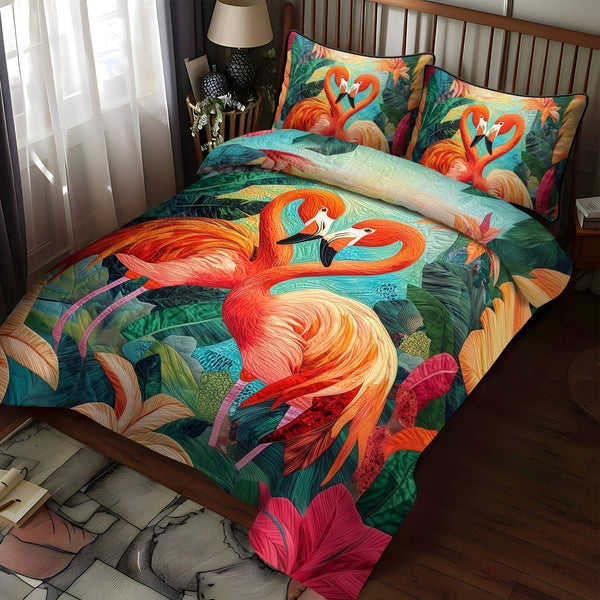 Flamingo Joy quilted 3-piece bedding set on a made bed with two matching pillow shams
