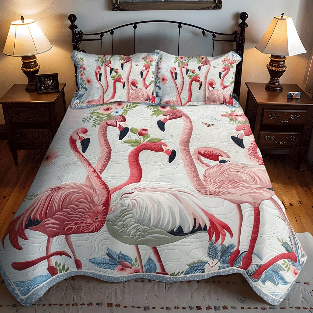 Flamingo Lagoon quilted 3-piece bedding set on a made bed in a light coastal bedroom