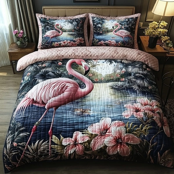 Flamingo Lake quilted 3-piece bedding set on a made bed with two matching pillow shams