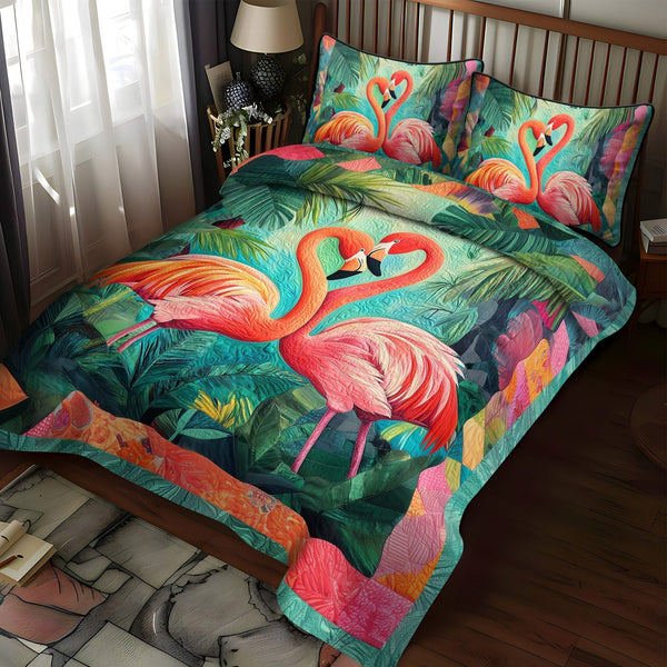 Flamingo Love quilted 3-piece bedding set on a made bed with two matching pillow shams