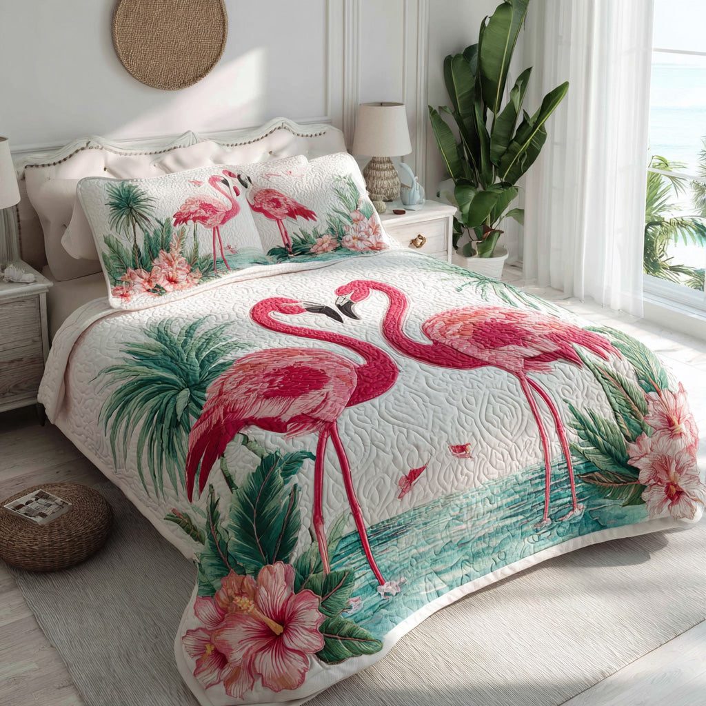 Flamingo Love quilted 3-piece bedding set on a made bed with two matching pillow shams