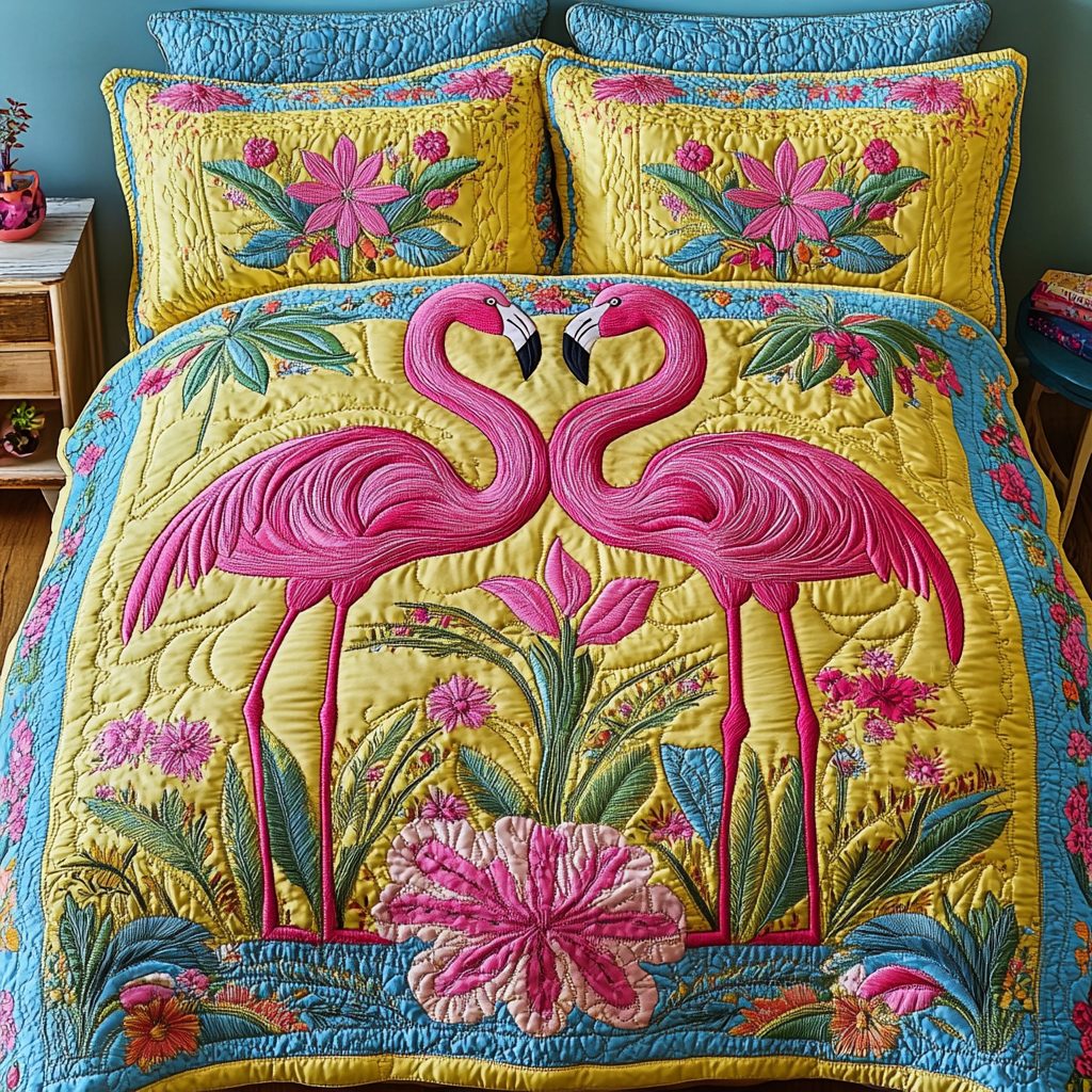 Flamingo Mood quilted 3-piece bedding set on a made bed with two matching pillow shams