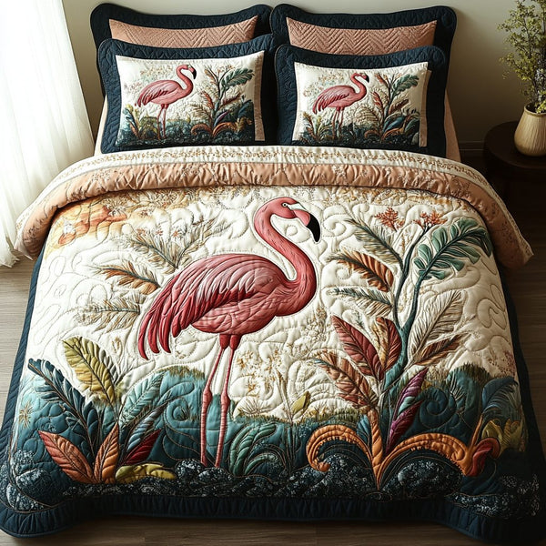 Flamingo Mood quilted 3-piece bedding set on a made bed with two matching pillow shams
