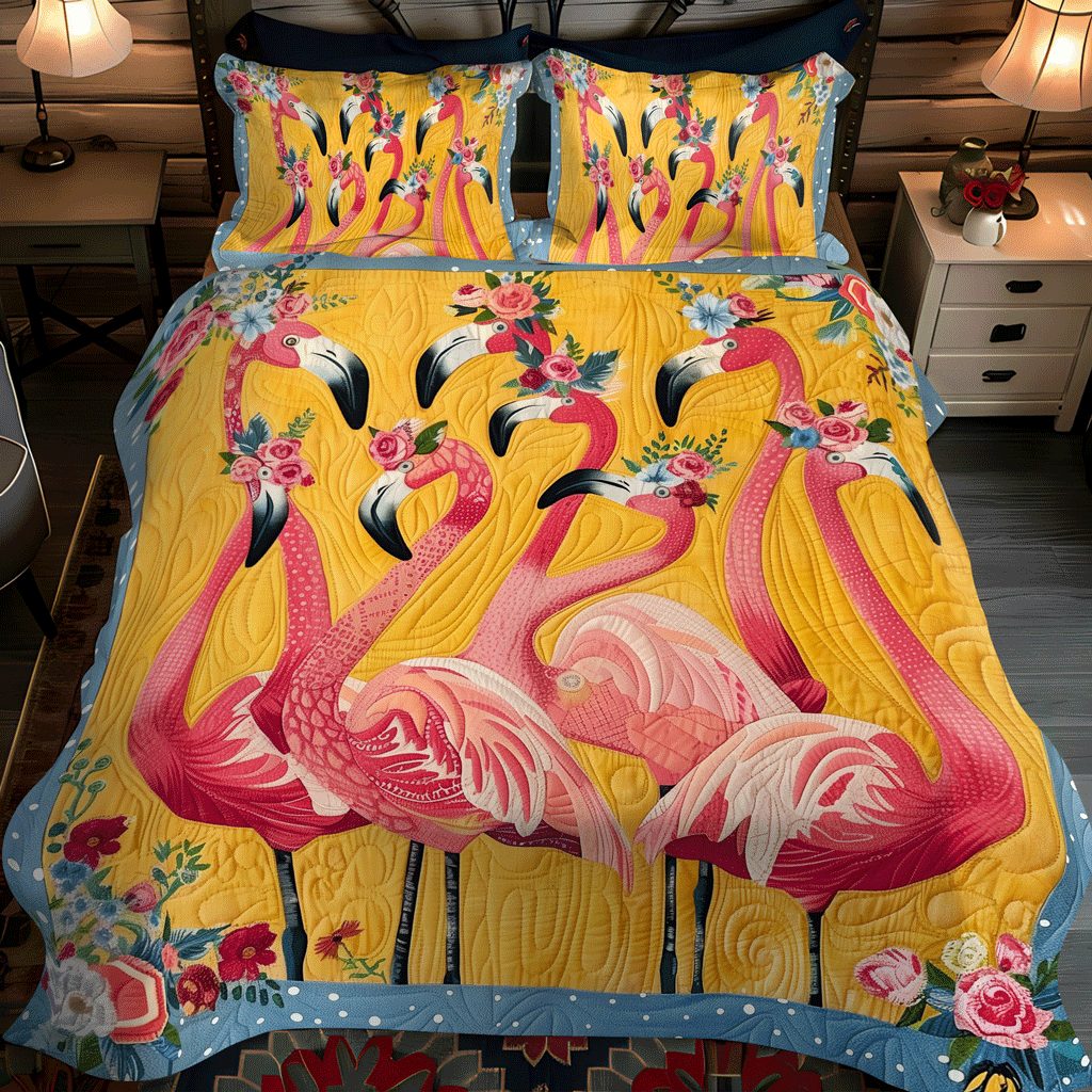 Flamingo Oasis quilted 3-piece bedding set on a made bed with two matching pillow shams