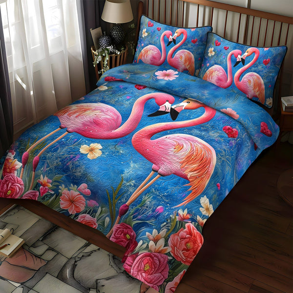 Flamingo Parade quilted 3-piece bedding set on a made bed with two matching pillow shams