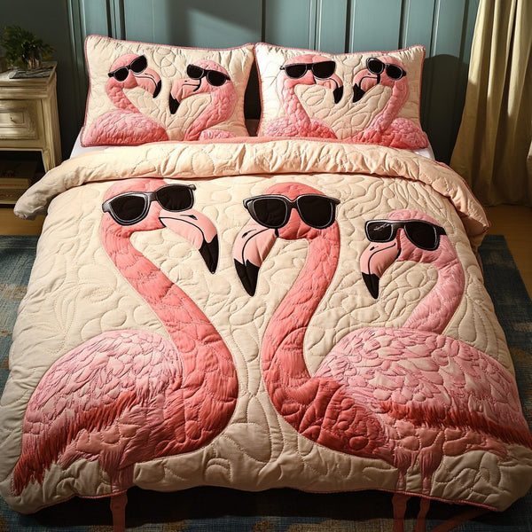 Flamingo Paradise quilted 3-piece bedding set on a made bed with two matching pillow shams