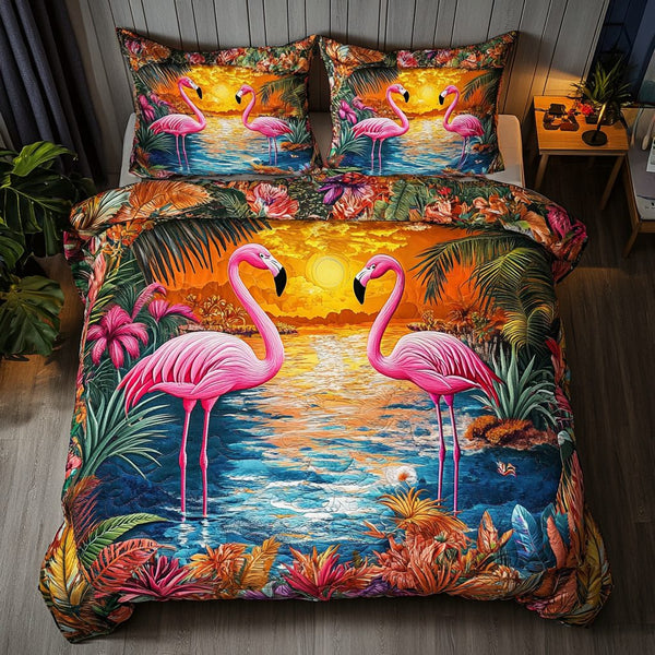 Flamingo Paradise quilted 3-piece bedding set on a made bed with two matching pillow shams