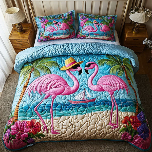 Flamingo Paradise quilted 3-piece bedding set on a made bed with two matching pillow shams