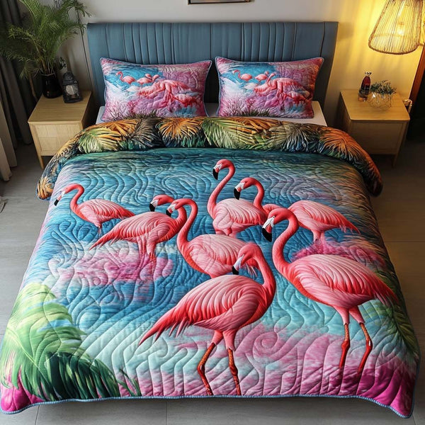 Flamingo Paradise quilted 3-piece bedding set on a made bed with two matching pillow shams