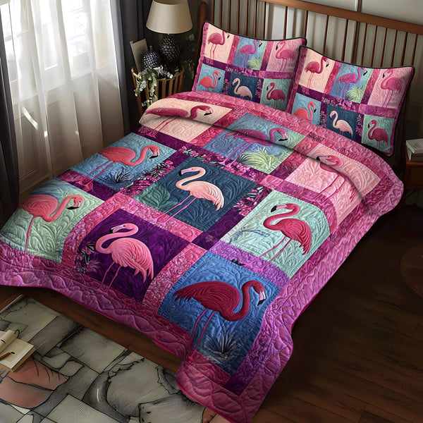 Flamingo Paradise quilted 3-piece bedding set on a made bed with two matching pillow shams