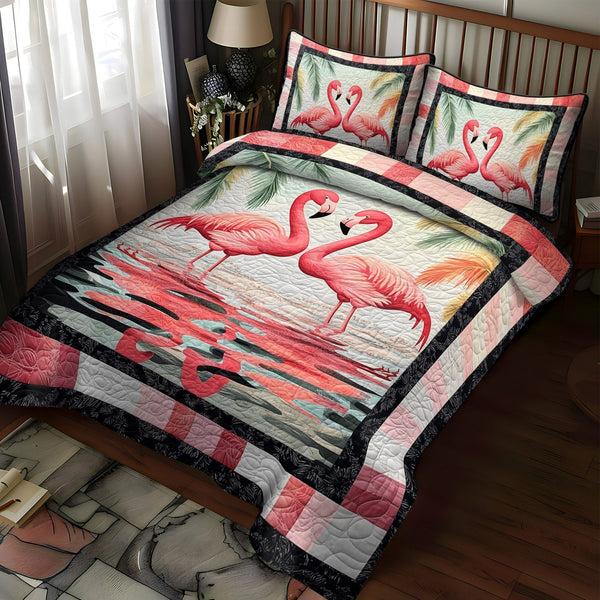 Flamingo Paradise quilted 3-piece bedding set on a made bed with two matching pillow shams