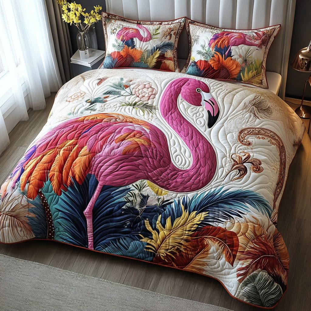 Flamingo Queen quilted 3-piece bedding set on a made bed with two matching pillow shams