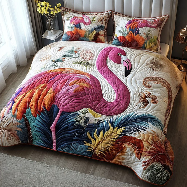 Flamingo Queen quilted 3-piece bedding set on a made bed with two matching pillow shams