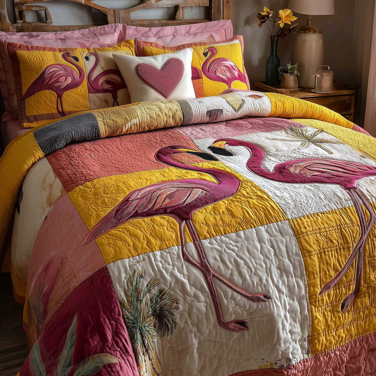 Flamingo quilted 3-piece bedding set on a made bed with two matching pillow shams