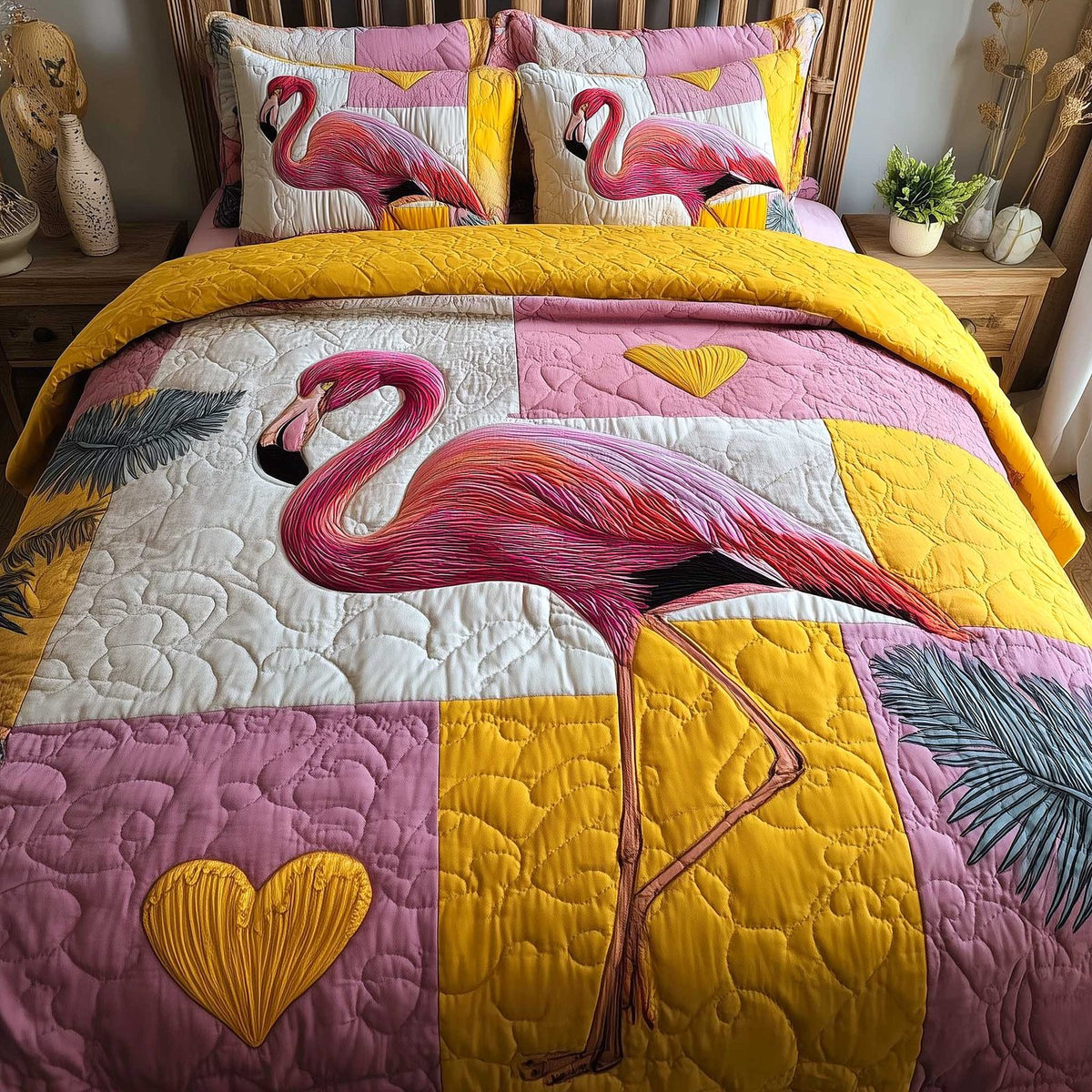 Flamingo quilted 3-piece bedding set on a made bed with two matching pillow shams