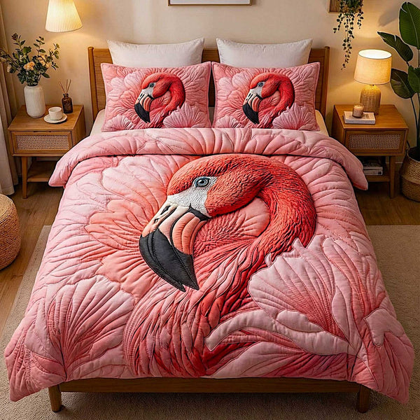 Flamingo quilted 3-piece bedding set on a made bed with two matching pillow shams