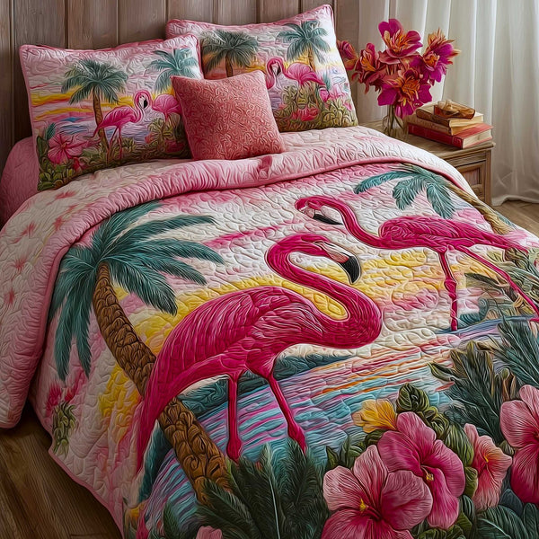 Flamingo quilted 3-piece bedding set on a made bed with two matching pillow shams