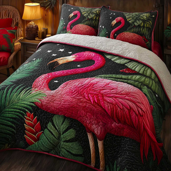 Flamingo quilted 3-piece bedding set on a made bed with two matching pillow shams