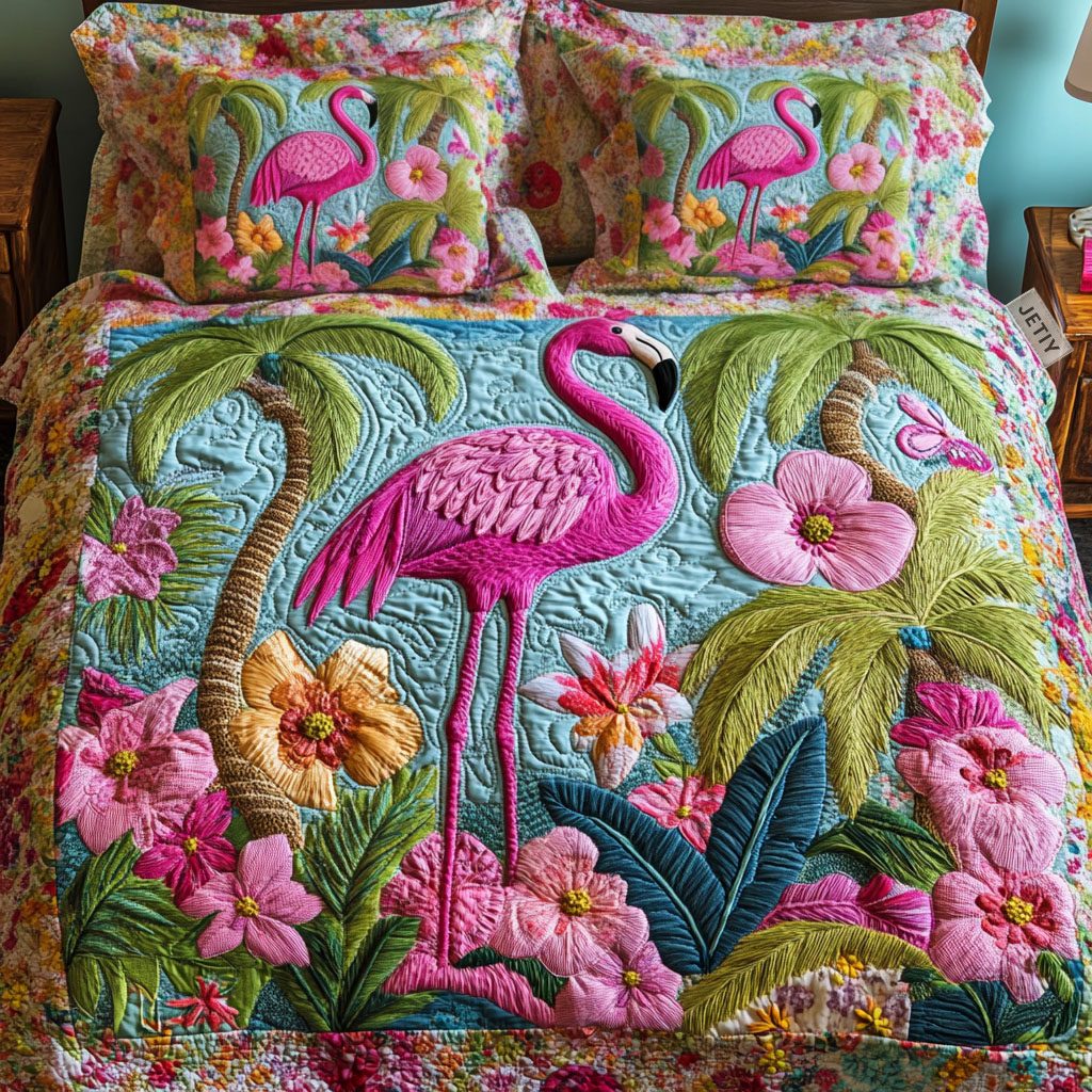 Flamingo quilted 3-piece bedding set on a made bed with two matching pillow shams