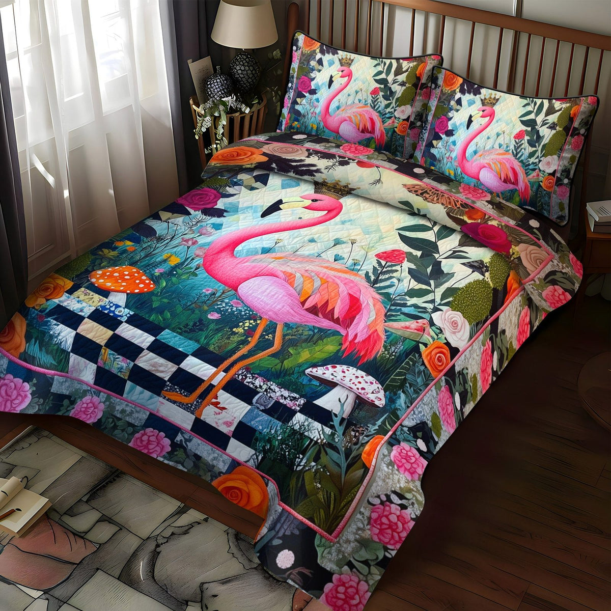 Flamingo Radiance quilted 3-piece bedding set on a made bed with two matching pillow shams