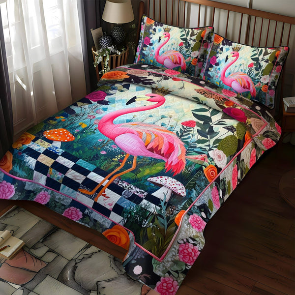 Flamingo Radiance quilted 3-piece bedding set on a made bed with two matching pillow shams