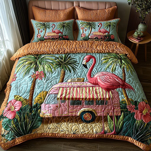 Flamingo RV quilted 3-piece bedding set on a made bed with two matching pillow shams