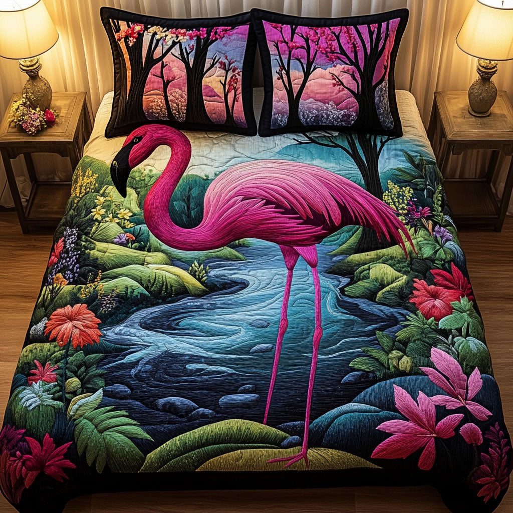 Flamingo Serenity quilted 3-piece bedding set on a made bed with two matching pillow shams