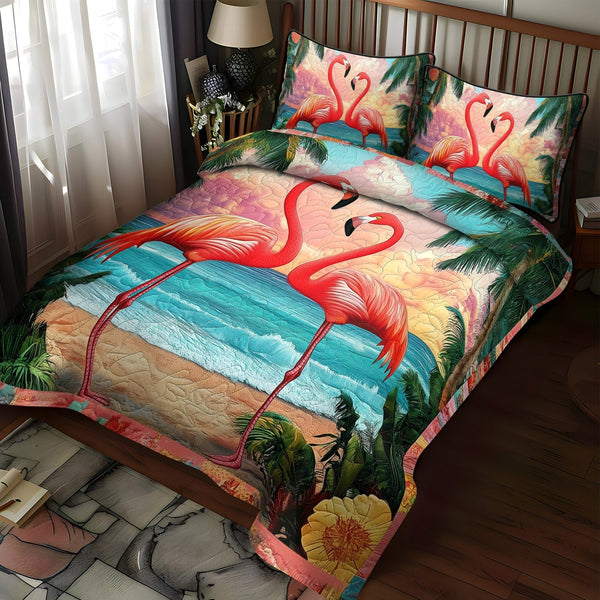 Flamingo Shine quilted 3-piece bedding set on a made bed with two matching pillow shams