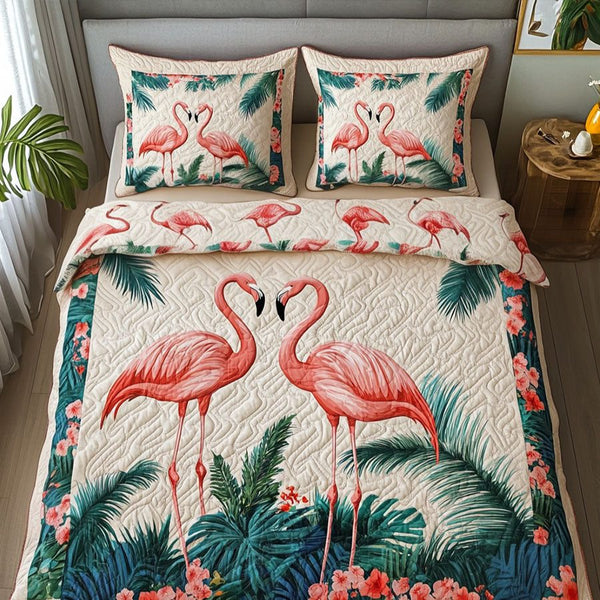 Flamingo Sleigh quilted 3-piece bedding set on a made bed in a winter-styled bedroom