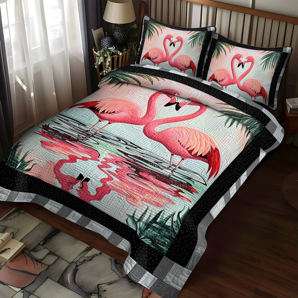 Flamingo Soiree quilted 3-piece bedding set on a made bed with two matching pillow shams
