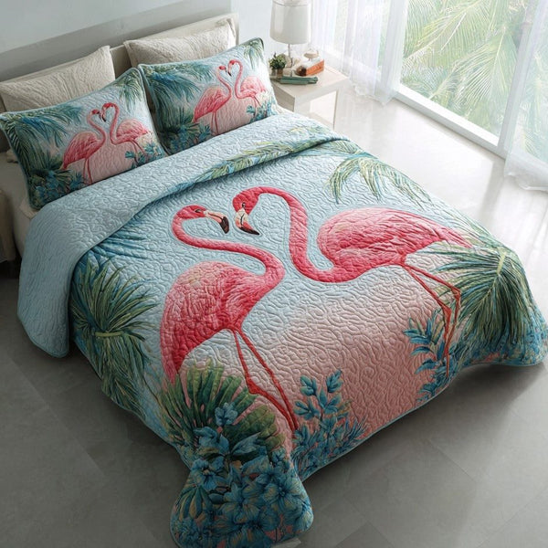 Flamingo Soul quilted 3-piece bedding set on a made bed with two matching pillow shams