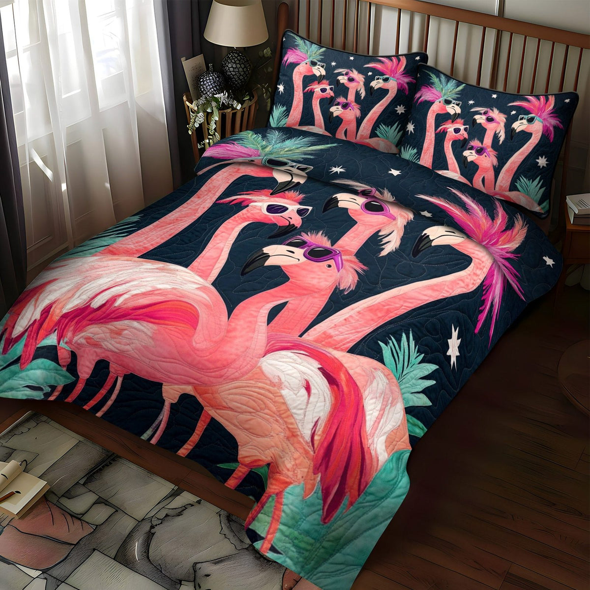 Flamingo Style quilted 3-piece bedding set on a made bed with two matching pillow shams