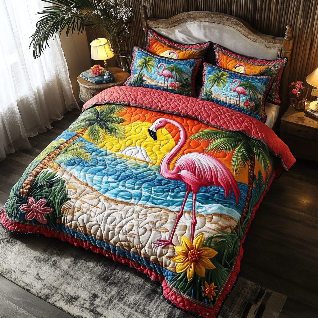 Flamingo Sunset quilted 3-piece bedding set on a made bed with two matching pillow shams