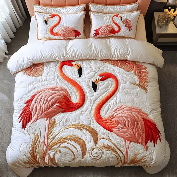 Flamingo Swagger quilted 3-piece bedding set on a made bed with two matching pillow shams