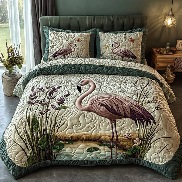 Flamingo Swamp quilted 3-piece bedding set on a made bed with two matching pillow shams