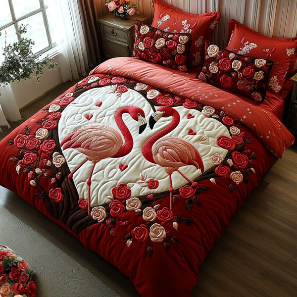 Flamingo Tango quilted 3-piece bedding set on a made bed with two matching pillow shams