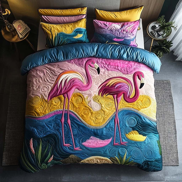 Flamingo Tango quilted 3-piece bedding set on a made bed with two matching pillow shams