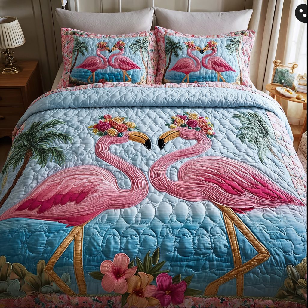 Flamingo Vibe quilted 3-piece bedding set on a made bed with two matching pillow shams