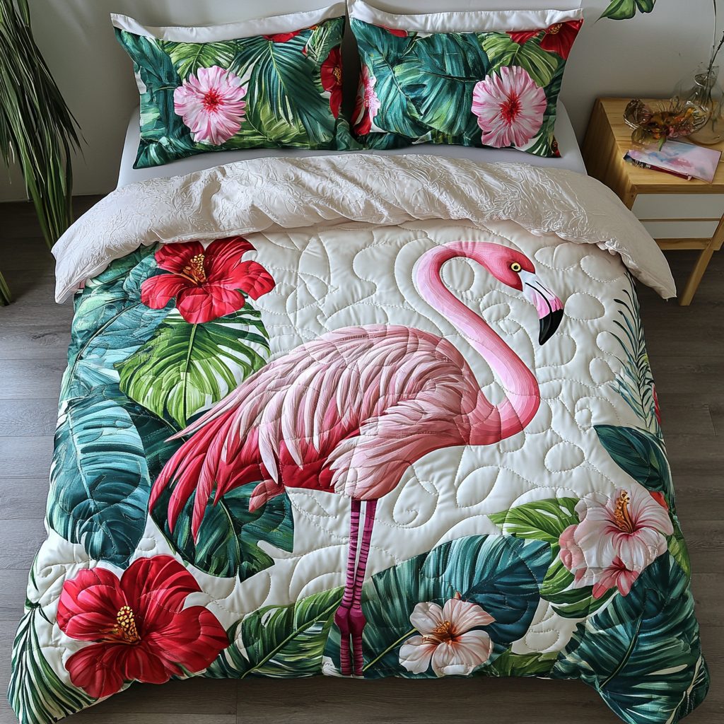 Flamingo Vibes quilted 3-piece bedding set on a made bed with two matching pillow shams