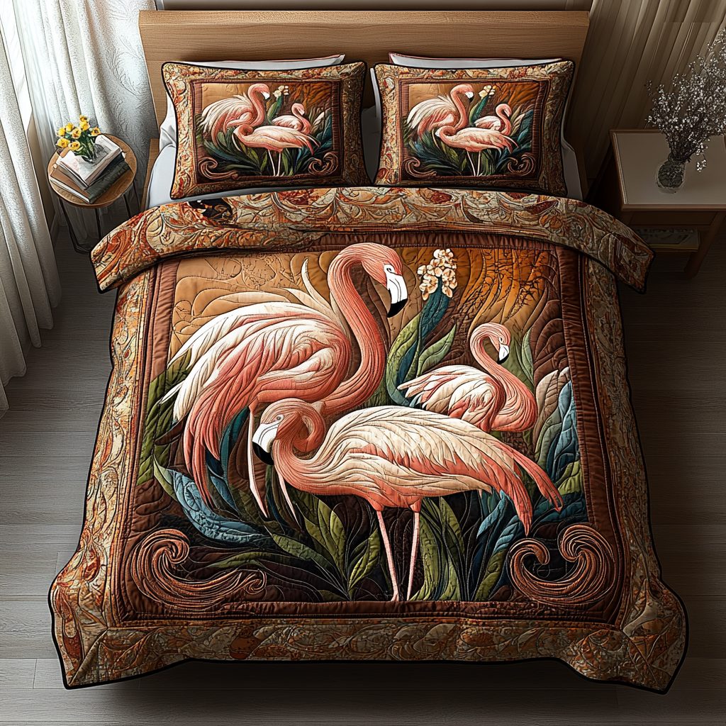 Flamingo Vibes quilted 3-piece bedding set on a made bed with two matching pillow shams