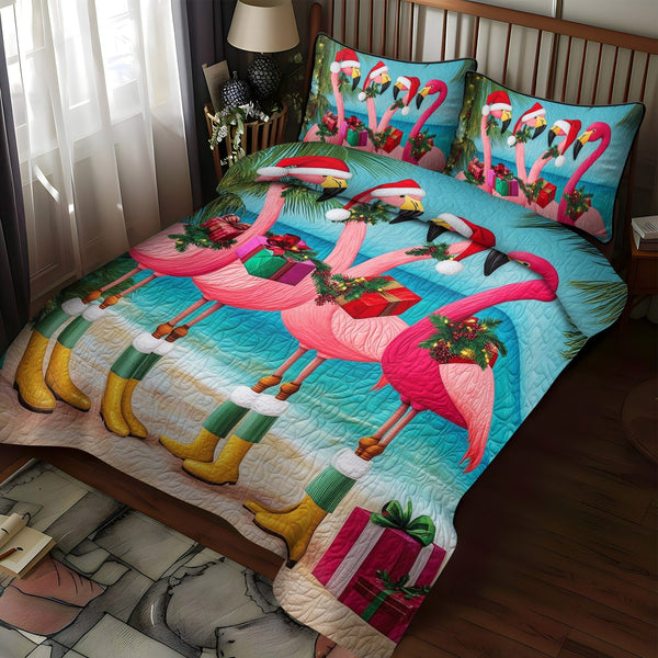 Flamingo Vibes quilted 3-piece bedding set on a made bed with two matching pillow shams